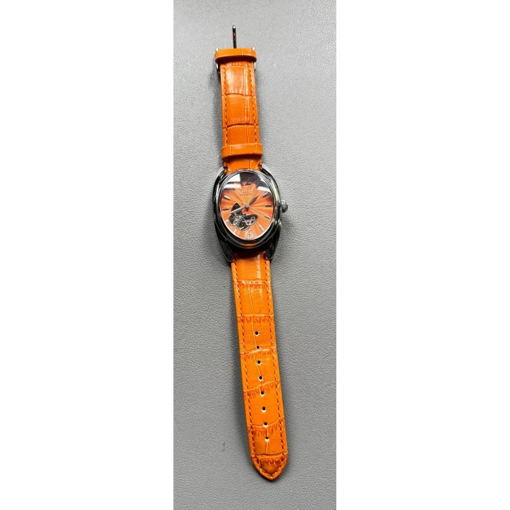 Jeanneret Women Orange Skeleton Automatic Watch Stainless Steel Leather J-64283